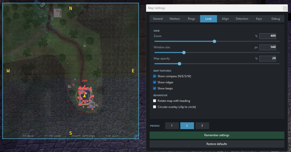 Overwatch full-zone map overlay running live over Dark Age of Camelot with its settings (Eden freeshard; same interface on Blackthorn)